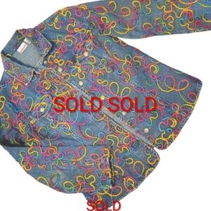 Chico's Colorful Long Sleeve Blue Denim Jacket Embroidery Artwork Size M/8